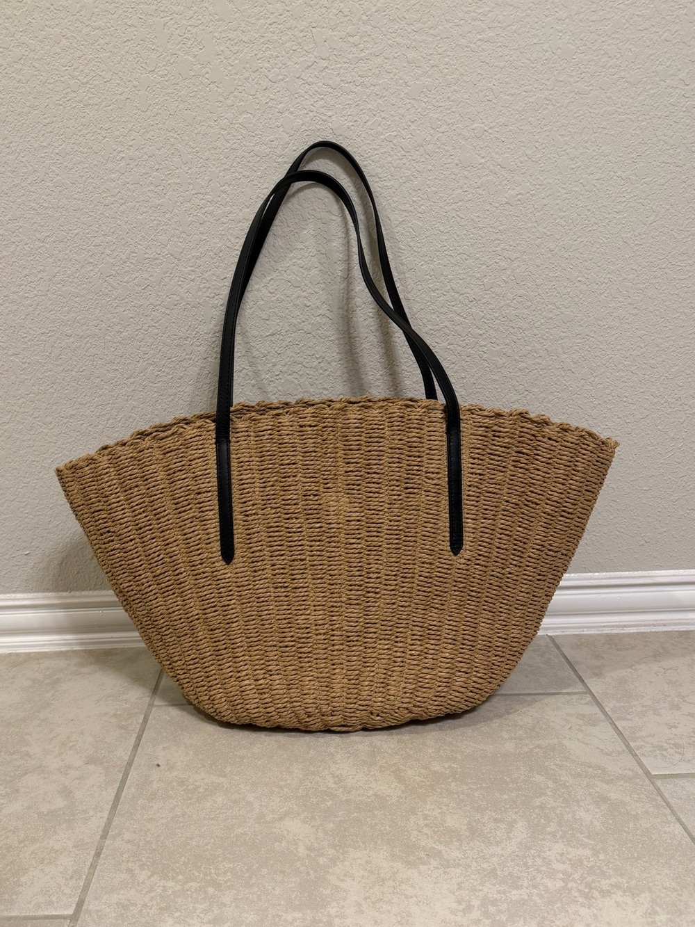 J.Crew Como Woven Straw Tote Bag w/ Black Straps - Natural - Picture 4 of 6